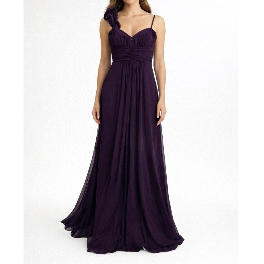 Betsy & Adam Purple Chiffon Evening Gown Size 8 One Shoulder Ruched Floral Strap